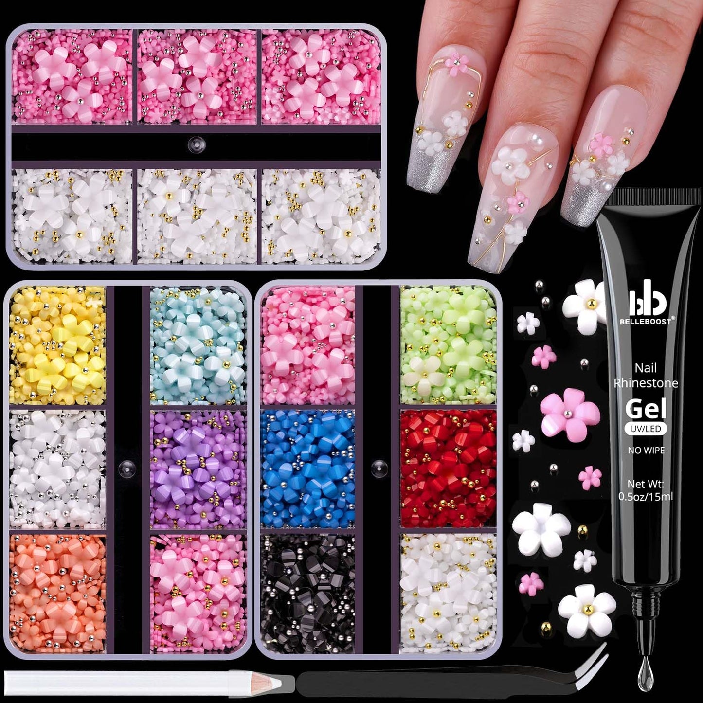 3D Flowers for Nails, Cute Flower Nail Charms, Manicure Kit with Nail Rhinestone Glue Gel, Colorful Acrylic Petal with Caviar Beads, Rhinestones for Nails & Gem Gluewith Dotting & Pickup Tools