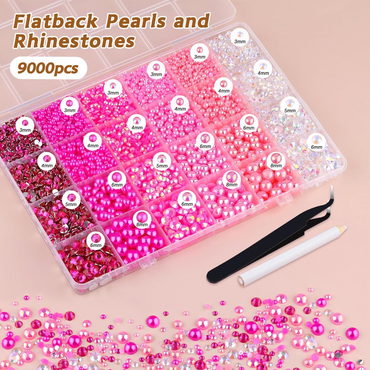 9000PCS Flatback Pearls and Rhinestones for Crafting, Dark Pink Mixed Size 3-10mm Resin Rhinestones and Half Pearls for Bedazzling, Nail Art and Decoration with Tweezer and Pickup Pencil