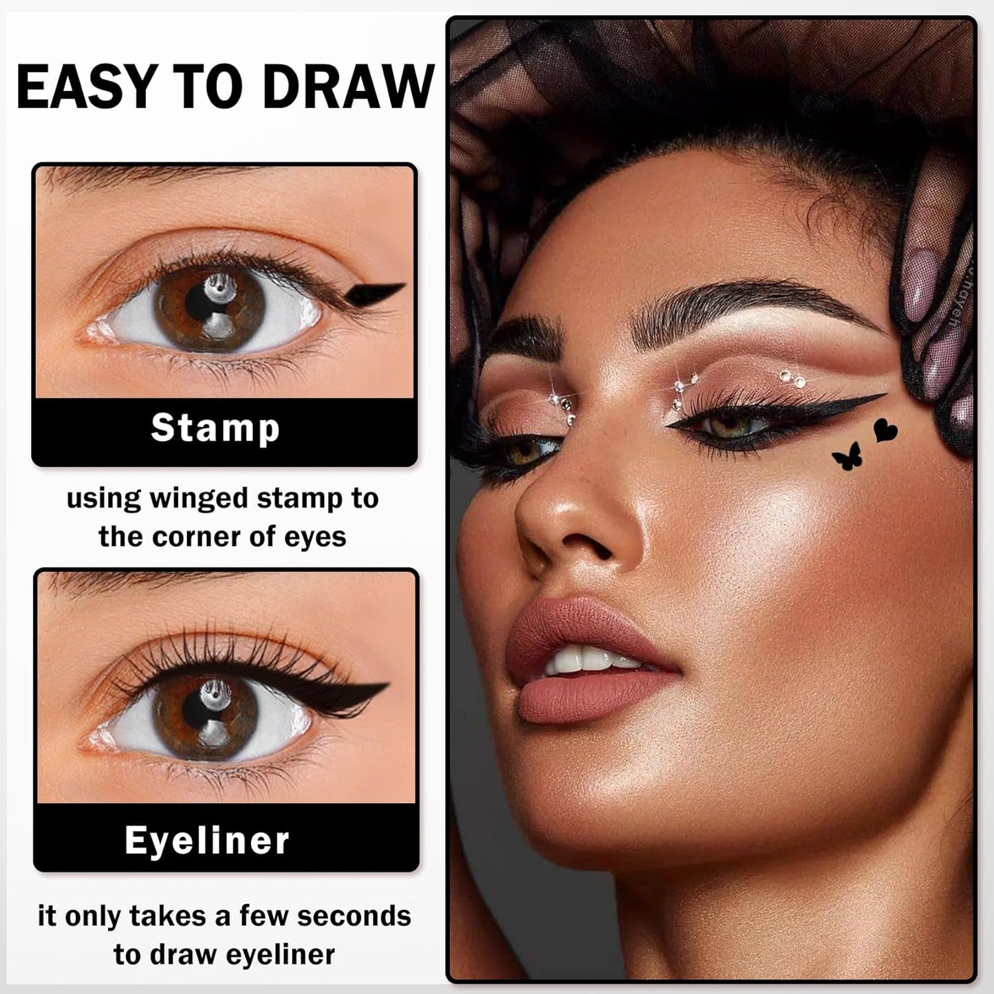 Double-headed Eyeliner Stamp Pencil Black Liquid Winged Eyeliner Stamp Pen Waterproof Smudgeproof Eye Liner Stamp for Eye Makeup(03 Flower)