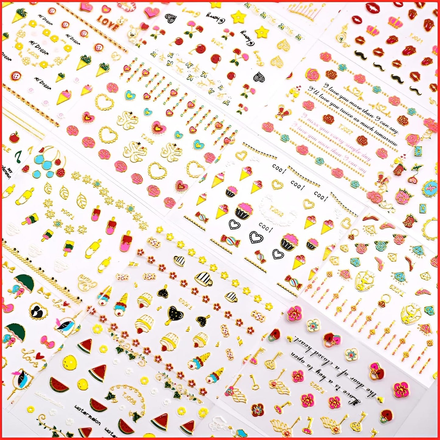 30 Sheets Valentine's Day Nail Art Stickers Red Heart Nail Decals 3D Self-Adhesive Rose Lip Kiss Nail Supplies DIY Acrylic Nails Decoration Accessories for Women and Girls