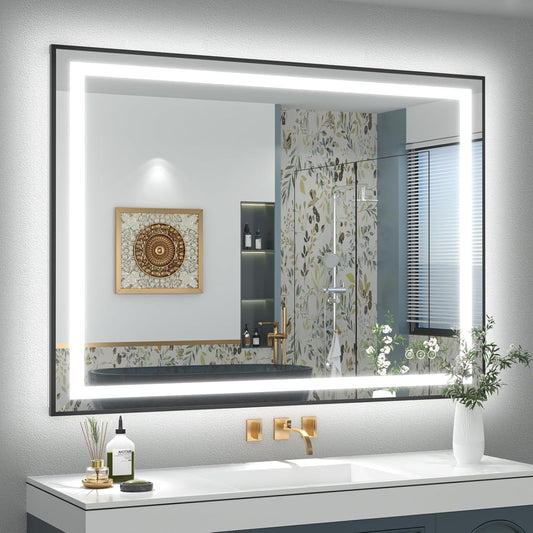 OKPAL 44x36 Lighted Bathroom Mirrors, Black Framed LED Bathroom Mirror, Defogger, Dimmable, Shatterproof, Memory, 3 Colors, ETL Listed (Front Light and Backlit)