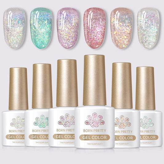 Born Pretty Reflective Glitter Gel Nail Polish, 6 Spring Light Colors Holographic Gel Polish Long Lasting Sparkly Shiny Nail Polish U V Set for Manicure and Nail Art, DIY at Home, Salon-Quality 7ml | alldaygood beauty