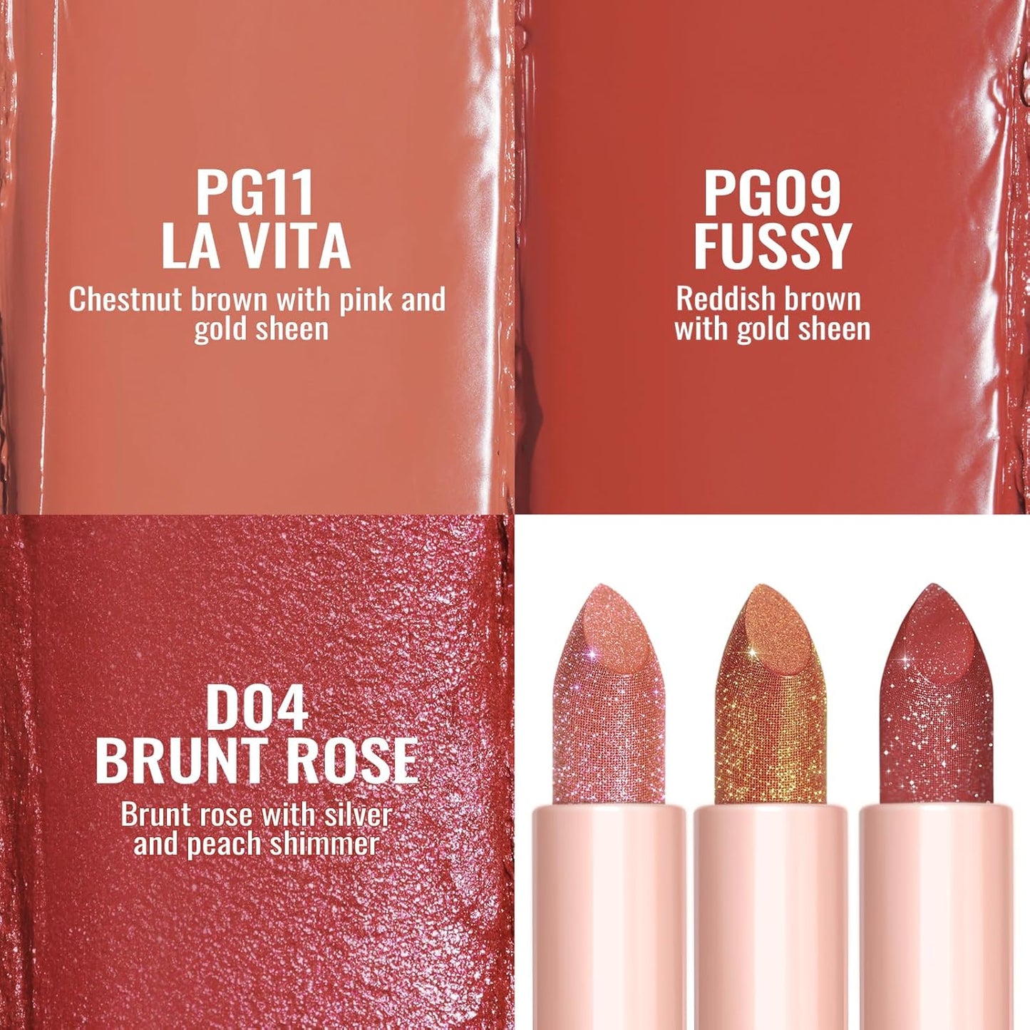 Oulac Moisture Shine Lipstick Set 3PCS - Infinity High Shine Finish, Hydrating Vegan Lipstick Infused with Damask Rose Oil for All-Day Comfort, Gluten-Free, PG11+PG09+D04