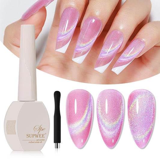 Pink Rainbow Cat Eye Gel Nail Polish Glitter Holographic Gel Polish with Magnetic Stick for a Glittery Iridescent Galaxy Effect Soak Off UV Lamp Perfect for Nail Art & DIY Manicures at Home