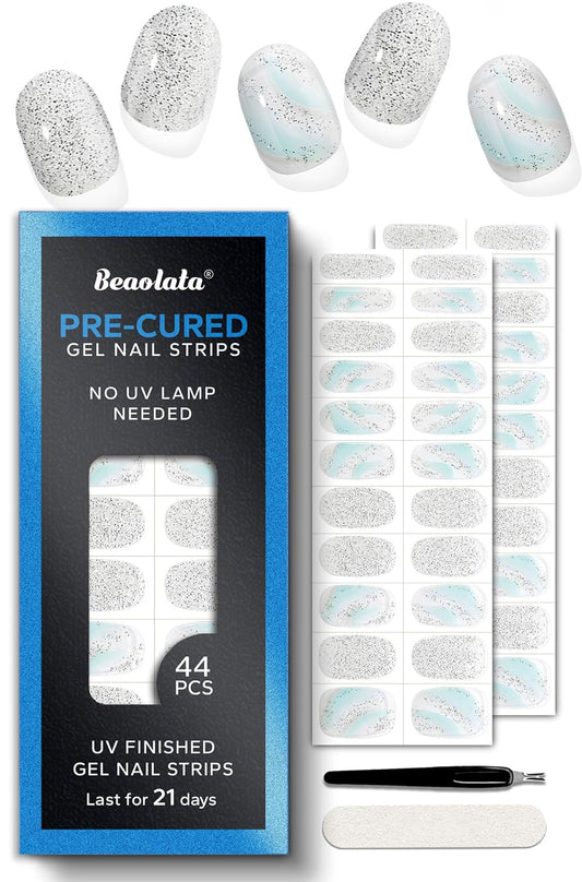 Pre Cured Gel Nail Strips - 44PCS Salon Quality Gel Nail Stickers - Long Lasting Polish Wraps for Women no UV Light Needed Easy Apply& Remove (Aurora Silver)