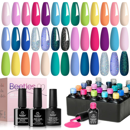 Beetles Gel Nail Polish Set- 23Pcs Color Gel Polish with Base Gel Top Coat Bright Colors, Gel Polish Kit Blue Pink Purple Orange Green Glitter Soak Off Uv Led Trendy Rainbow Nail Art | alldaygood beauty