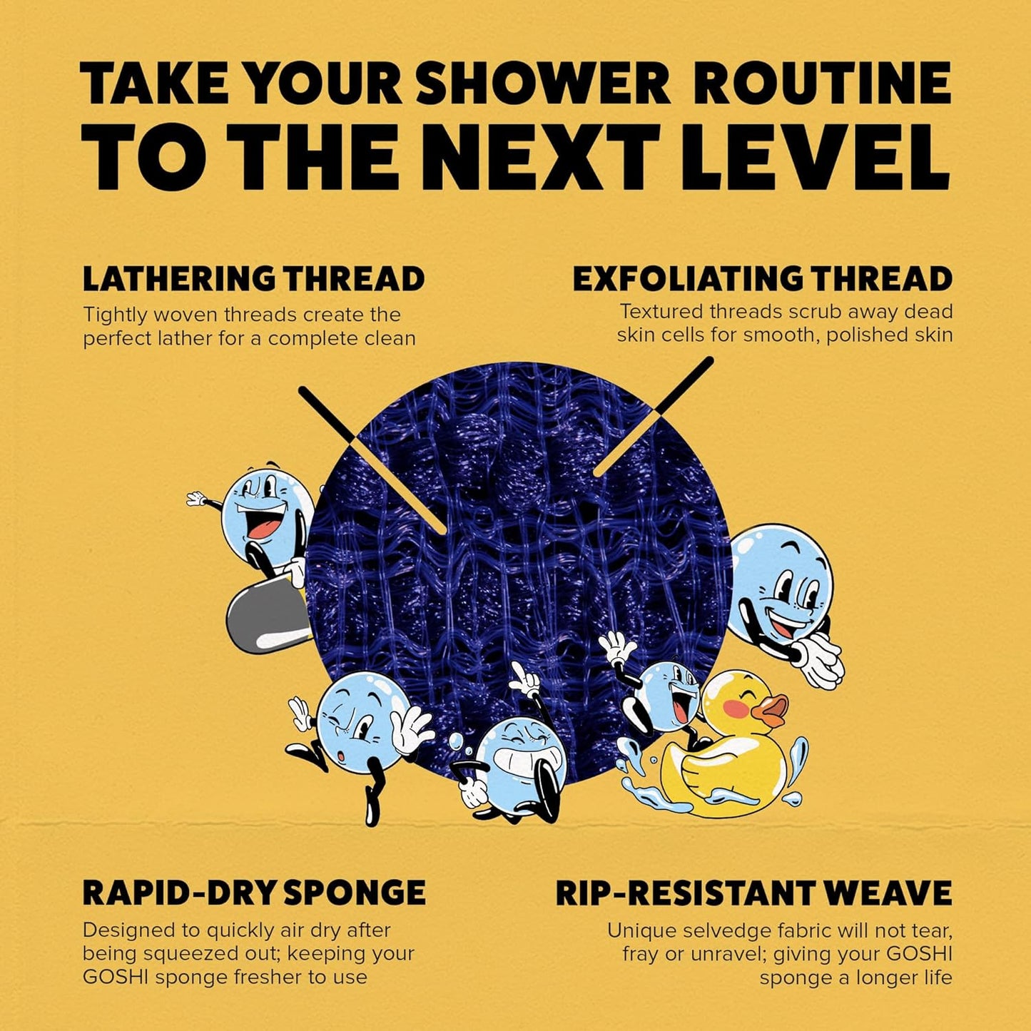 GOSHI Exfoliating Shower Sponge - Rip-Resistant, Rapid-Drying Exfoliating Bath Sponge for All Skin Types - Indigo Blue - Made in Japan