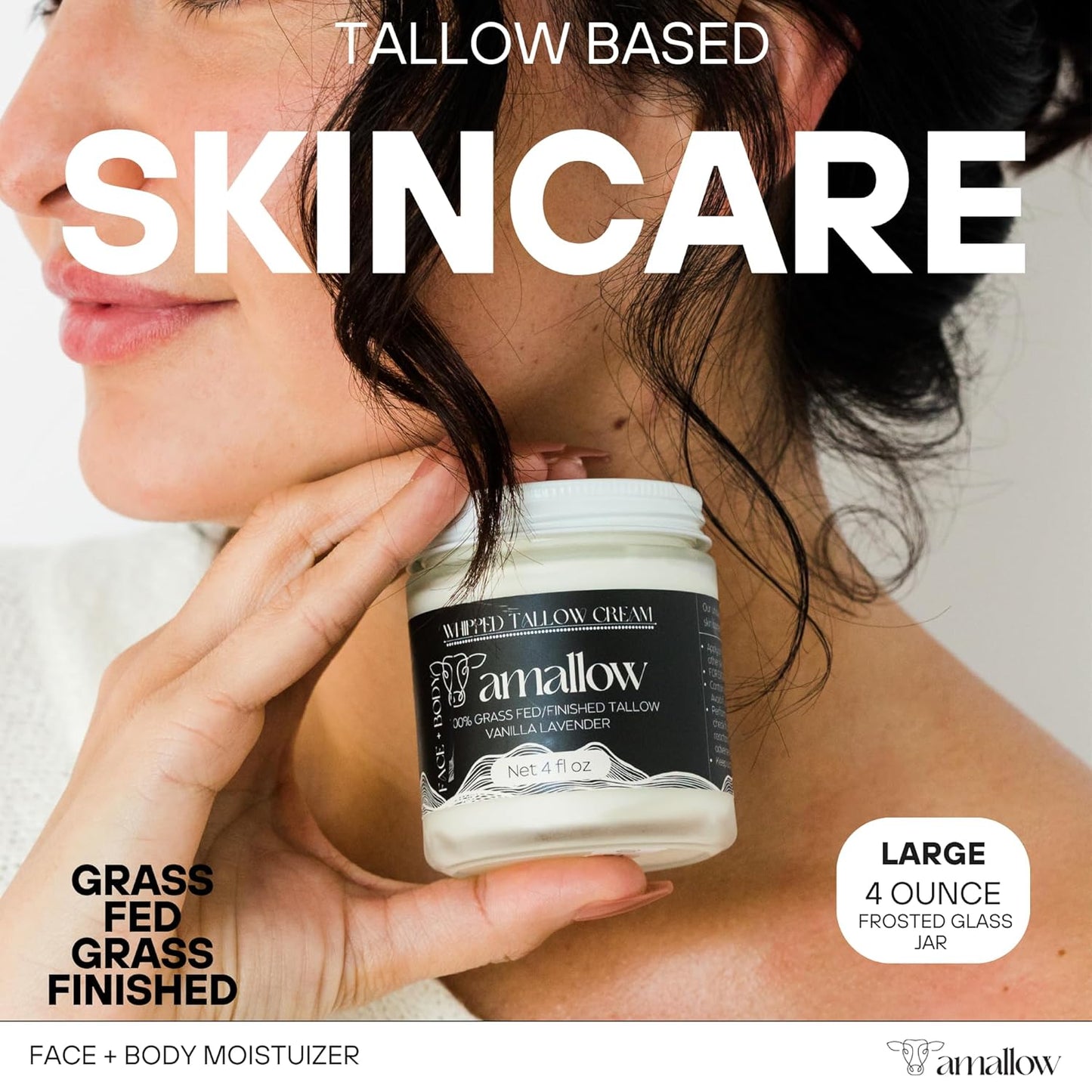 Amallow 100% Grass Fed Beef Tallow for Skin Care - Face + Body - Whipped Moisturizer - Natural Lotion, 4 FL. oz. (Vanilla Lavender)