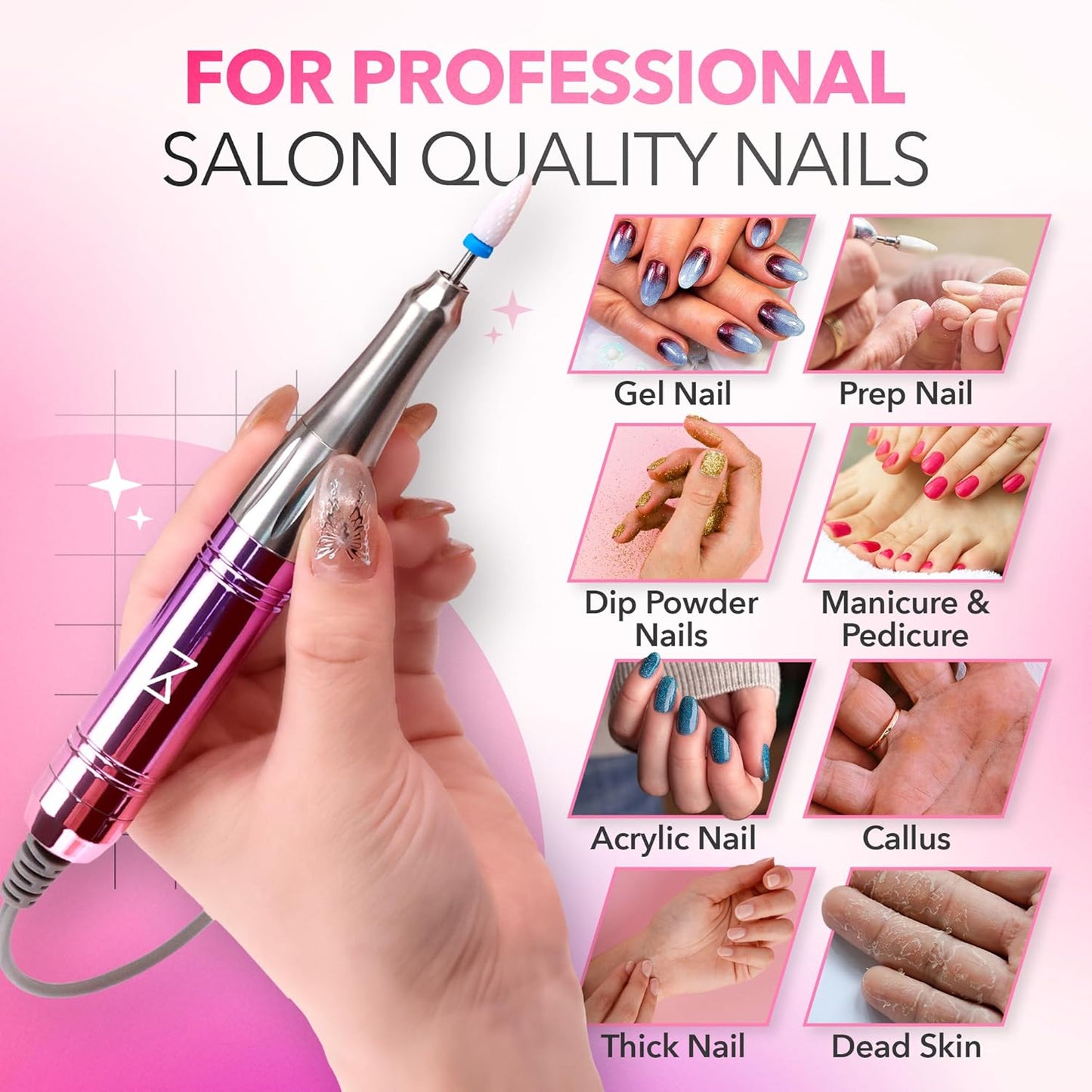 M Mase- Professional Nail Drill Machine - Coreless 2-in-1 Nail File - Electric, Cordless, 35000 RPM, HD Display - Electric Nail Drill for Professional & Home Use (Unicorn Purple)