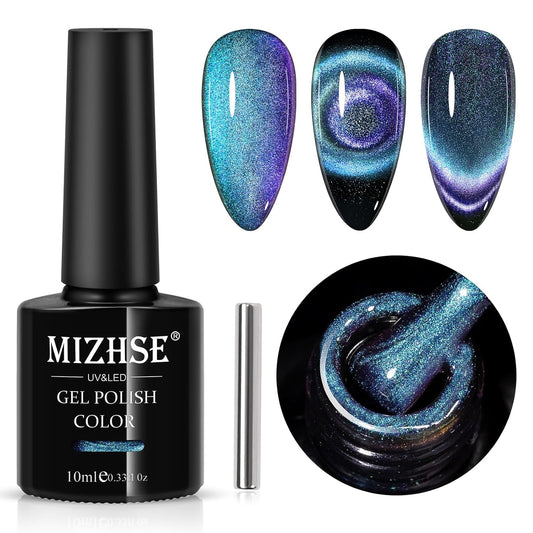 MIZHSE 9D Cat Eye Gel Nail Polish, Dual Colors Blue & Purple Magnetic Gel Polish with Magnet Stick, Magic Chameleon Galaxy Effect Holographic Glitter Silky Cat Eye Nail Polish Soak Off Nail Art Salon | alldaygood beauty