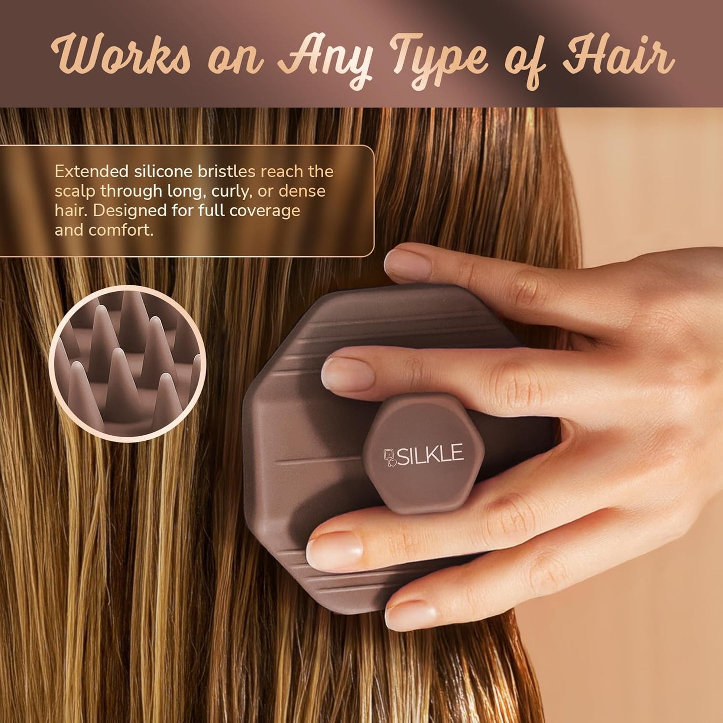 Silicone Scalp Scrubber - Massage Shampoo Brush, Soft Bristles for Hair Growth & Dandruff Removal - Ergonomic Design, Wet & Dry Use, Deep Cleansing Scalp Exfoliator for All Hair Types - Brown