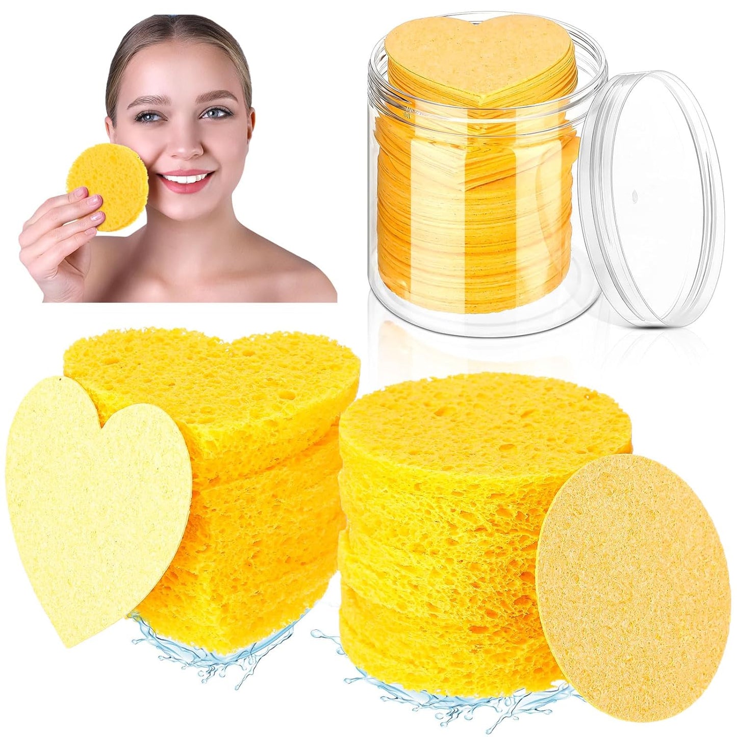 Loopeer 96 Pcs Compressed Facial Sponges with Container Disposable Face Sponge Pads for Washing Face Cleansing Exfoliating Esthetician Makeup Removal(Yellow)