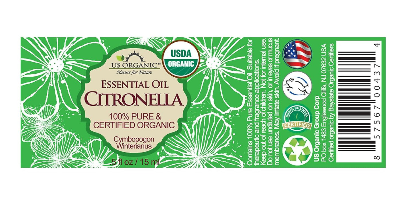 US Organic Citronella Essential Oil, USDA Certified, 100% Pure, 15 ml, Improved caps and droppers – Used for Skin Care, Many DIY Projects Like Candle Making and Much More