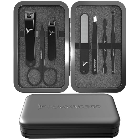 HUMMINGBIRD Manicure Kit for Men, 7 Piece Stainless Steel Mens Nail Grooming Kit with Travel Case, Includes Mens Nail Clippers Set, Nail File, Slant Tip Tweezers, Cuticle Scissors, Nail Care Tools | alldaygood beauty
