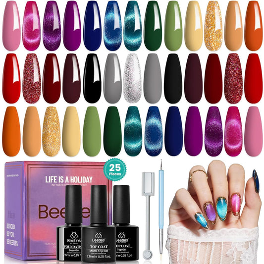 Beetles Halloween Gel Nail Polish 20 Fall Colors Cat Eye Gel Polish Set Burgundy Red Purple Orange Black with Magnet Pen Base Top Coat DIY Salon Manicured Soak Off UV Gifts for Women Gemstone Party | alldaygood beauty