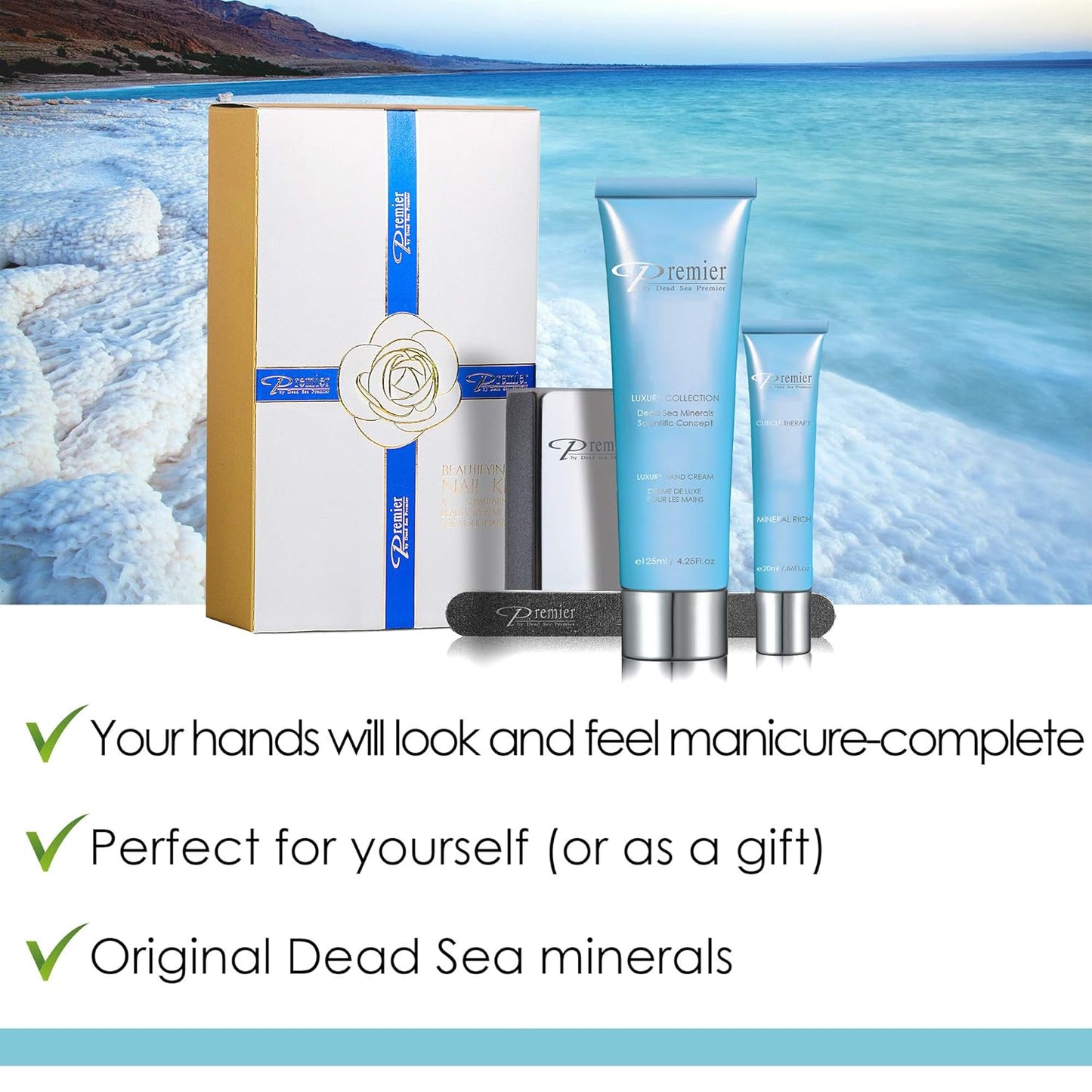 Dead Sea Premier Beautifying Nail Kit Milk and Honey - Salon Quality Manicure, hand & Body Lotion, Cuticle Oil, Nail File, 3 step Buffing Block