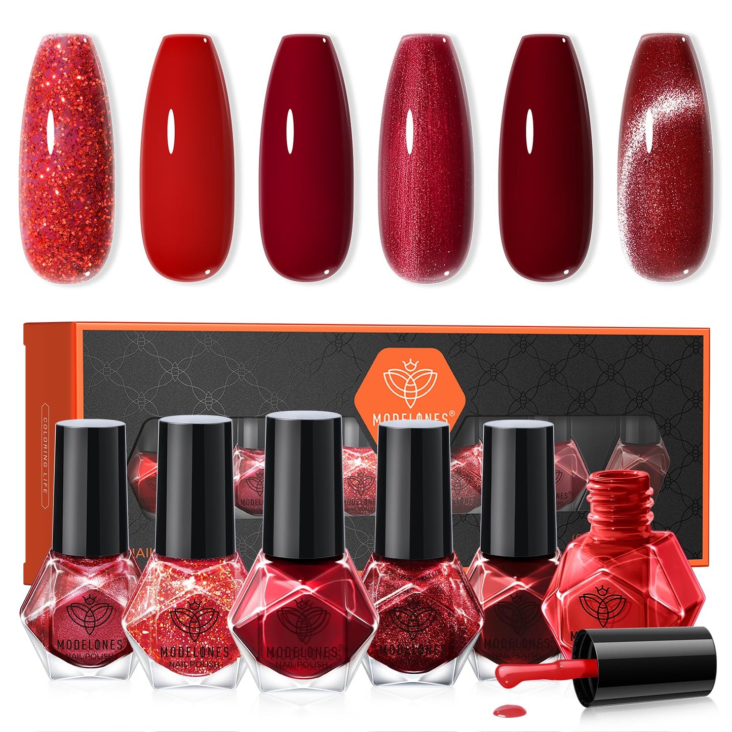 modelones Nail Polish Set, 6 Colors 2025 Classic Apple Red Cat Eye Glitter Mini Quick Dry Nail Lacquer Kit, Ruby Cherry Red Magnetic Sparkle DIY Nail Art Manicure Gift for Women Girls