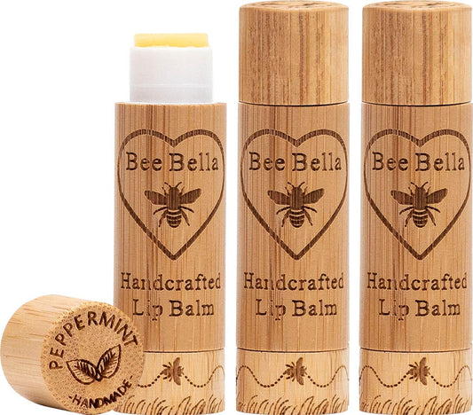 Bee Bella Lip Balm, Peppermint, 3 Pack - Hydrating Lip Care, 100% Natural, Original Organic Beeswax with Vitamin E, Handmade in USA