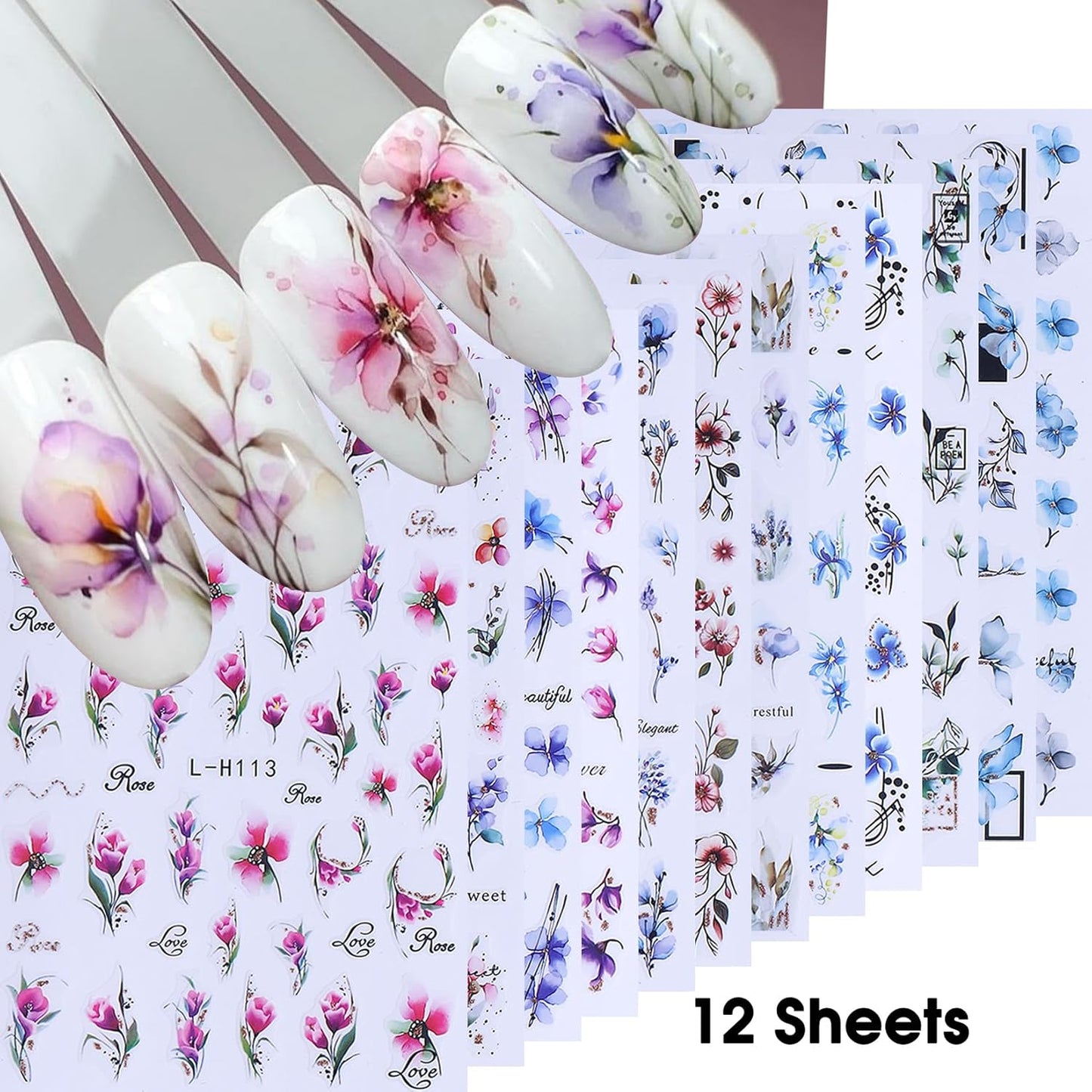 Ink Flower Nail Art Stickers 12 Sheets 3D Self-Adhesive Nail Decals with Tweezers Watercolor Floral Leaves Stickers Charming Blossom Flowers Designs Nail Art Supplies Manicure Accessories for Women