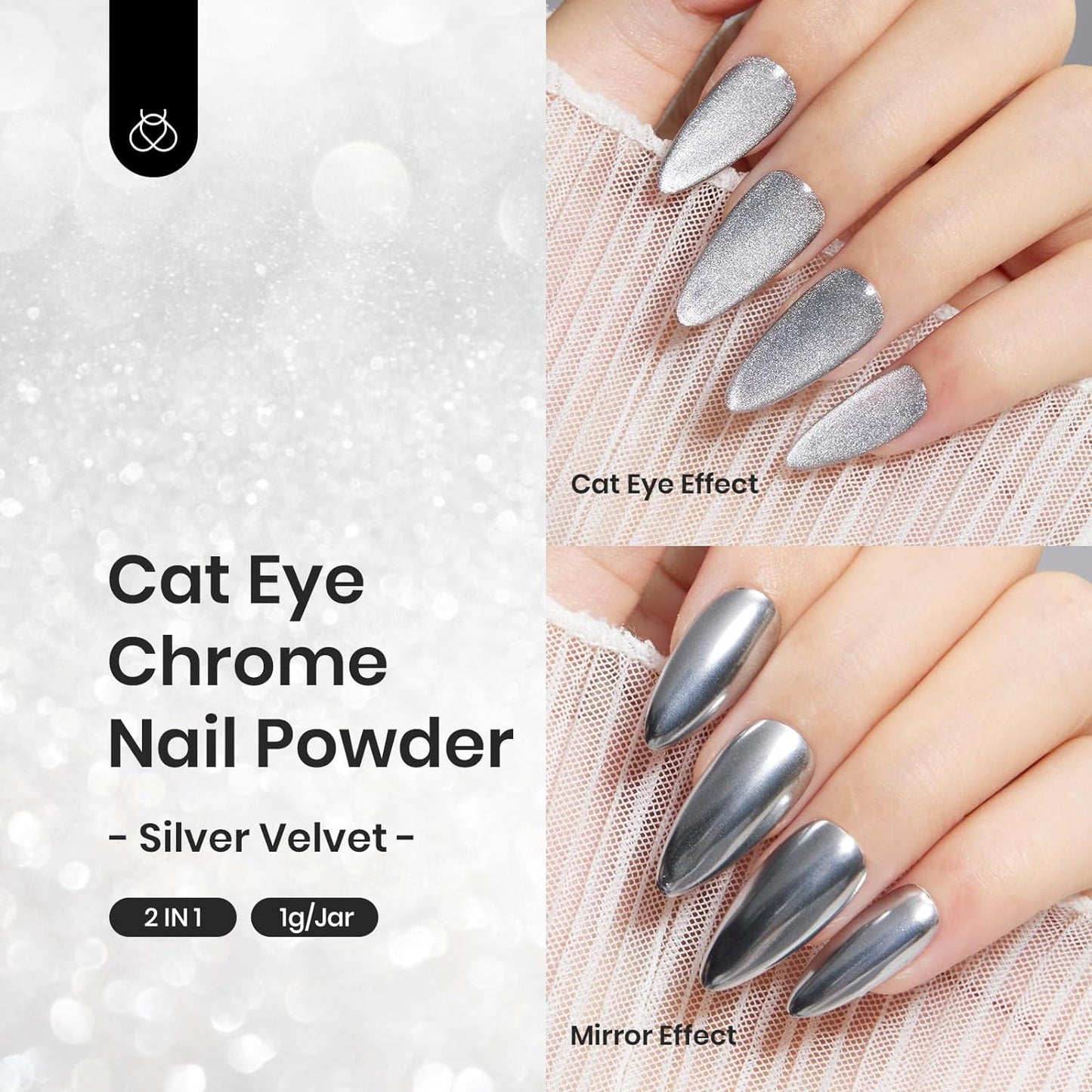 beetles Chrome Nail Powder Metallic with Top Coat Set- Silver Mirror Effect Galaxy Glitter Gel Polish, 1g/Jar with 7.5ml No Wipe UV Gel Top Coat for DIY Nails Art Salon Manicure Design Decoration