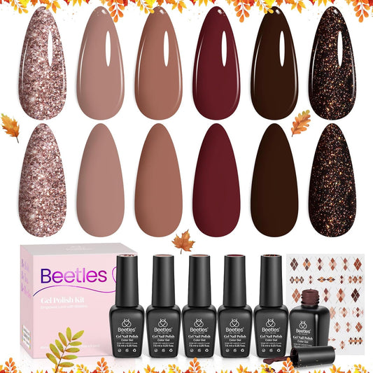 Beetles Fall Gel Polish Set Dark Brown Gel Nail Polish 6 Colors Glitter Burgundy Red Gold Black Sparkle Nail Kit Soak Off Led Manicure DIY Home Salon Gifts for Girls Women Academia Aesthetic | alldaygood beauty