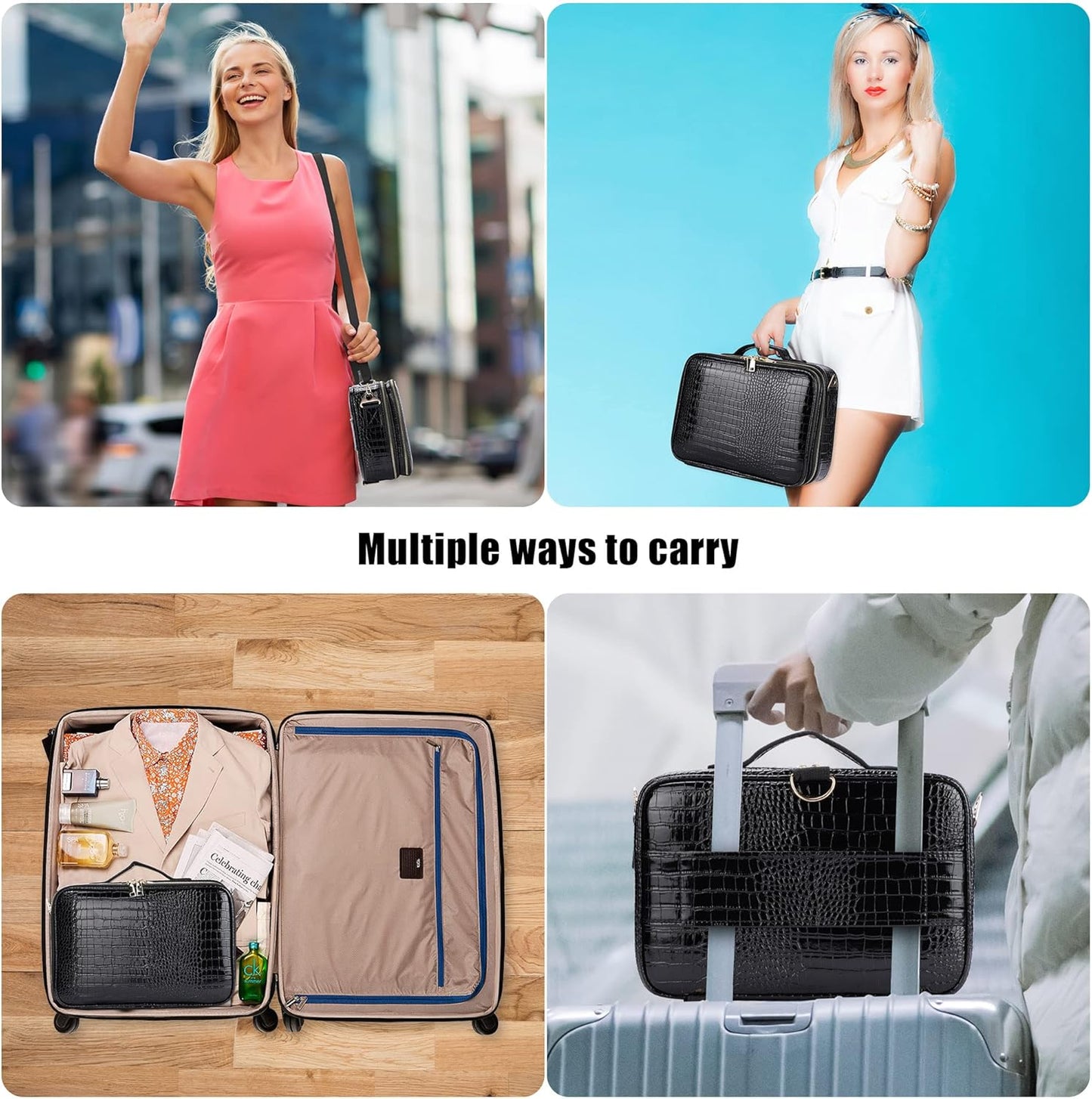 JOURMON Travel Makeup Case 3 Layers Makeup Train Case Crocodile Makeup Bag Organizer Portable Artist Storage Bag with Adjustable Dividers and Shoulder Strap