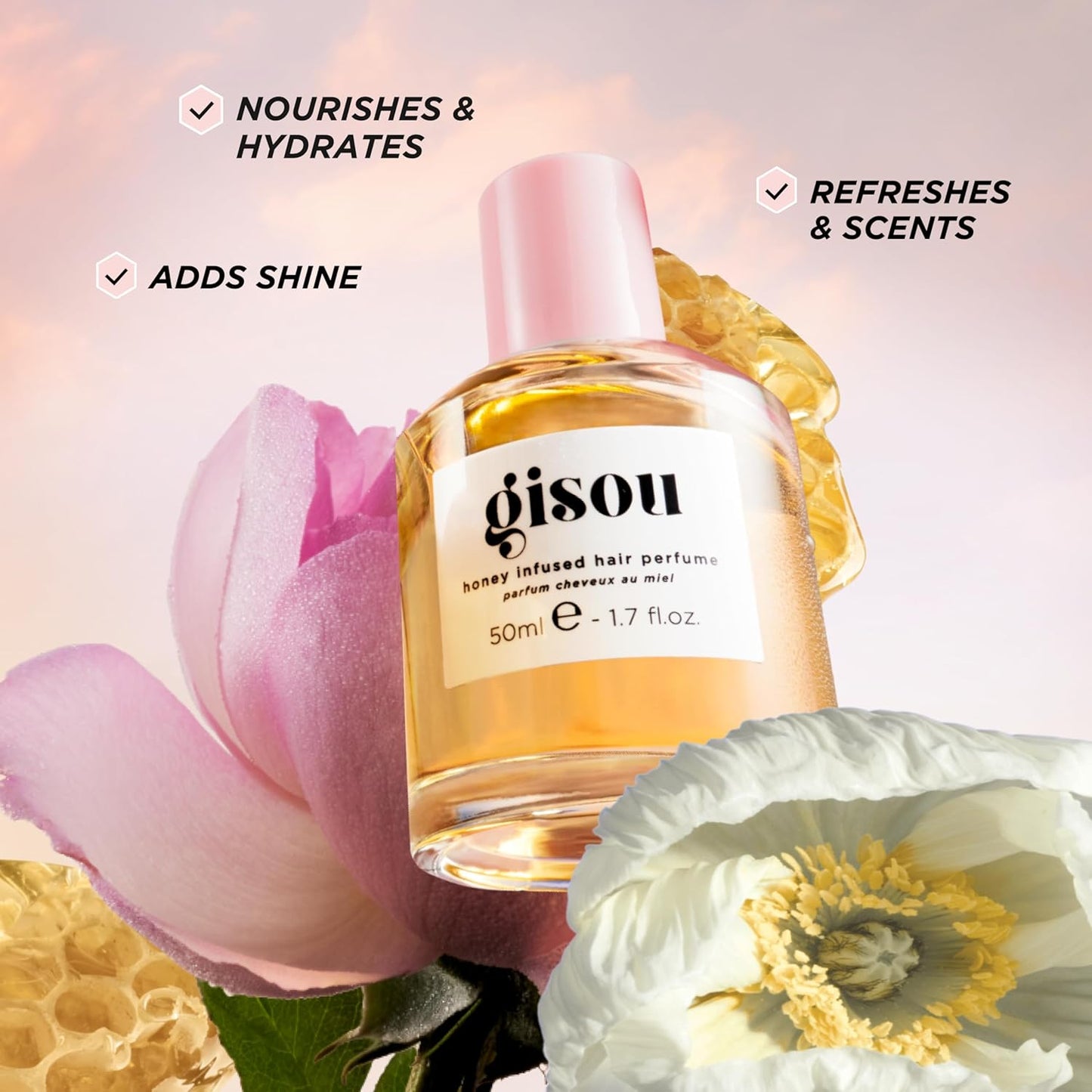 Gisou Honey Infused Hair Perfume, A Delicate Hair Fragrance with Sweet Notes of Honey Blended into Spring Florals, Nourishing and Hydrating Hair Shine Spray (1.7 fl oz)