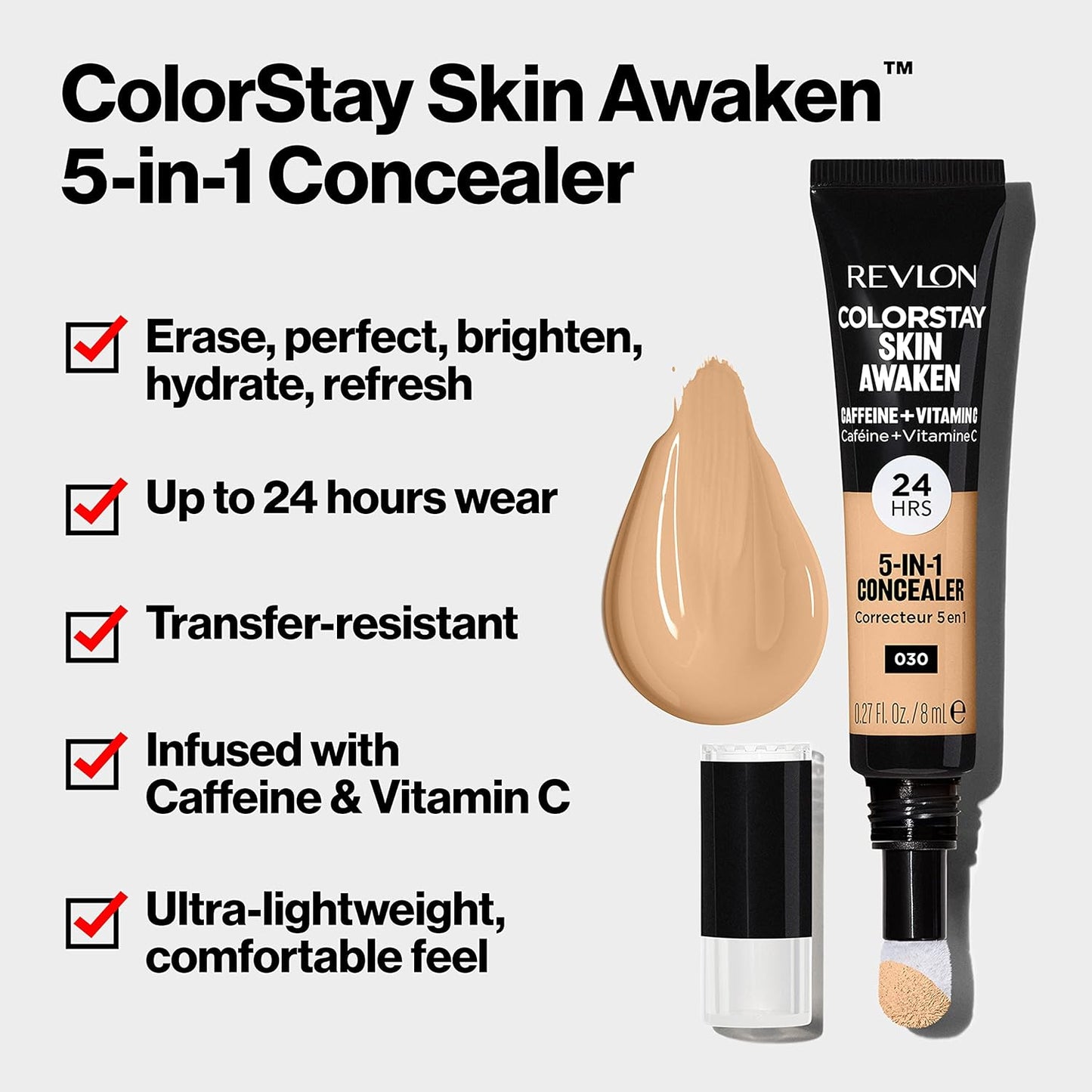 Revlon ColorStay Skin Awaken 5-in-1 Concealer, Lightweight, Creamy Longlasting Face Makeup with Caffeine & Vitamin C, For Imperfections, Dark Circles & Redness, 001 Universal Neutralizer, 0.27 fl oz