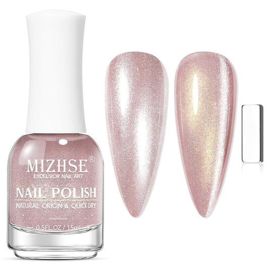 MIZHSE Quick Dry Cat Eye Nail Polish, Shimmery Pink Magnetic Nail Polish with Magnet, Air Dry Fast Nail Lacquer 15ml Reflective Cateye Polish for Women Girls Manicure DIY Home