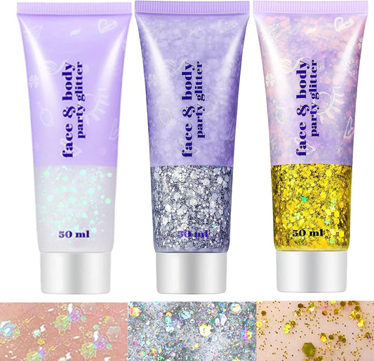 Go Ho White Silver and Gold Face Body Glitter Gel,Holographic Long Lasting Chunky Sequins Glitter Makeup for Singer Concerts,Parties,Performances,Stages,Festival Rave Accessories