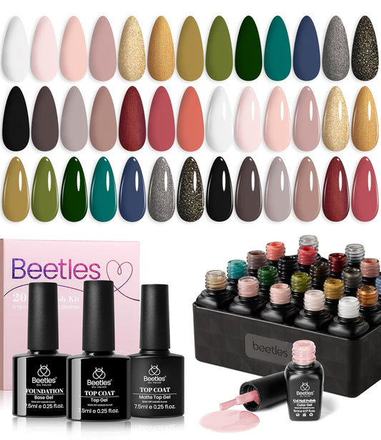Beetles Fall Gel Nail Polish Kit with Base Top Coat, Neutral Nude Brown Pink Grey Green White Black Glitters Gel Polish Set Soak off UV Led Nail Art Winter Manicure Gift for Women | alldaygood beauty