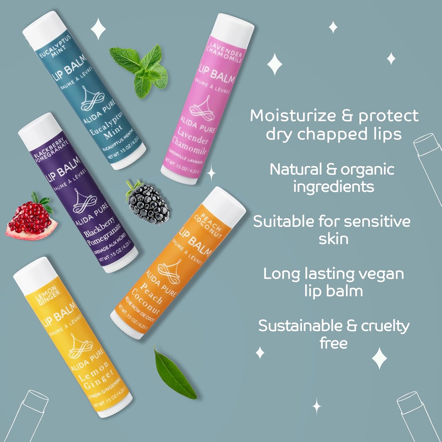 Duet Lip Balm Collection, Vegan Set, Beeswax Free, with Organic Jojoba, and Avocado Oil, Vitamin E, Natural Moisturizer for Dry, Chapped Lips, 5 Tube Set