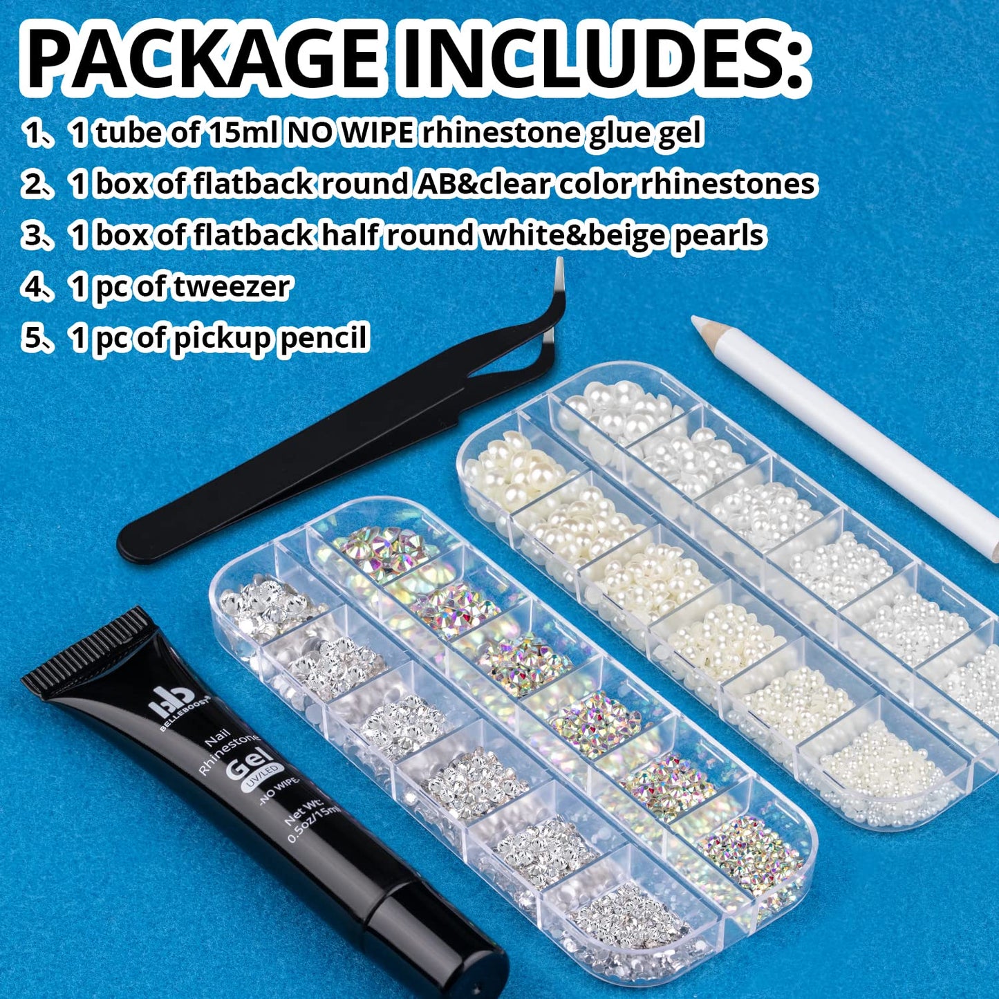Nail Art Rhinestone Glue Gel&2 Boxes Flatback Gems Kit, 1 Tube of 15ml Rhinestone Gel Glue+Round AB&Clear Gems+Flat-Back Half Round White&Beige Pearls with Pickup Tools