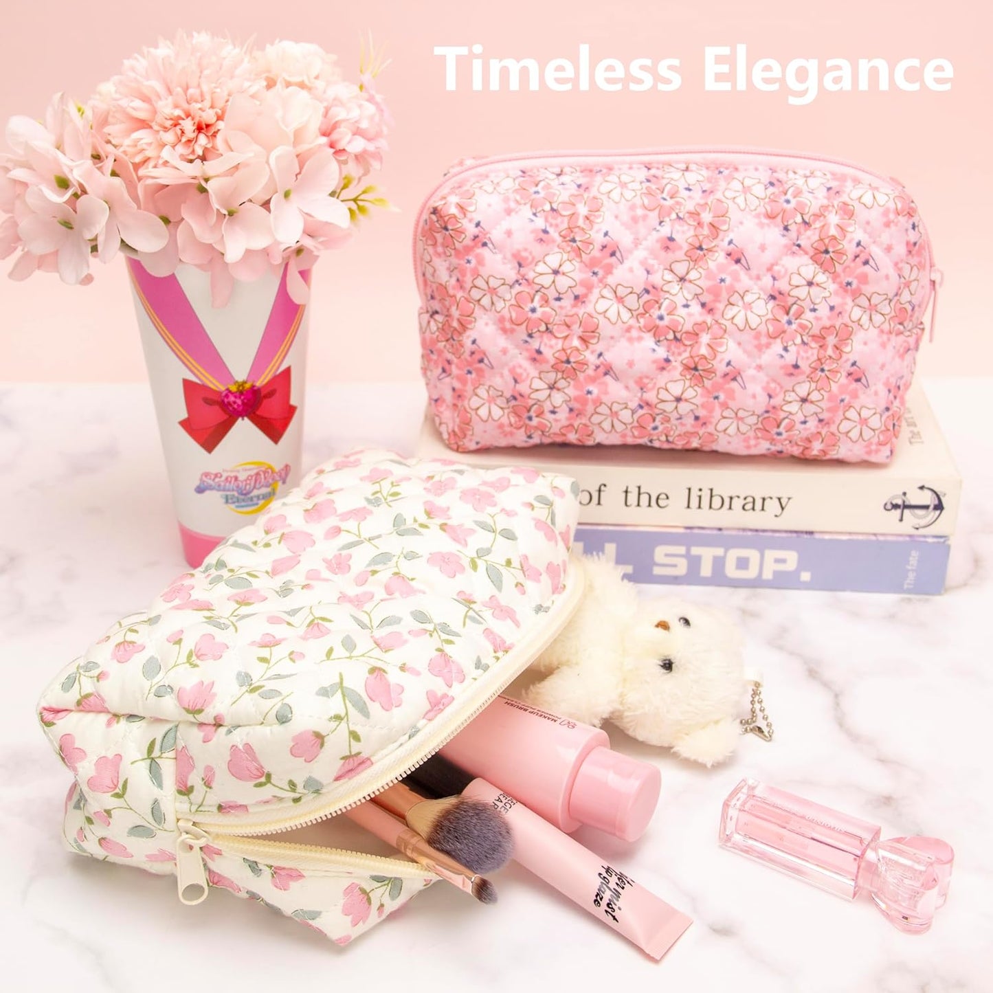 PAZIMIIK Vintage Quilted Makeup Bag Cosmetic Pouch for Brushes Pencils and Travel Make Up Accessories for Women and Girls Flower White