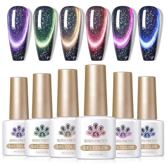 Born Pretty 9D Magnetic Gel Nail Polish Reflective Glitter Gel Polish Holographic Colorful Cat Magnetic Gel Polish Set 7ML 6PCS | alldaygood beauty