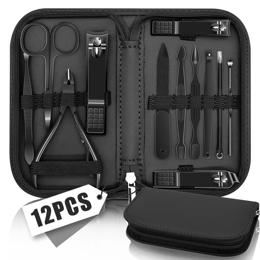 Manicure Set Nail Clipper Kit Pedicure Manicure Kit 12 In 1 Professional Pedicure Set Women Mens Personal Care Set with Travel Case Black | alldaygood beauty