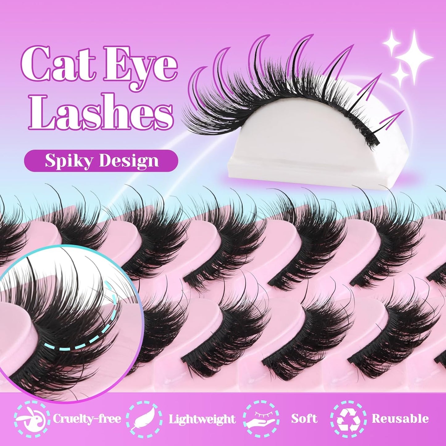 Losha Lashes Fluffy False Eyelashes 10 Pairs Spiky Cat Eye Lashes Kit with Lash Glue and Lash Tweezers 3D Volume Fake Eyelashes Soft Faux Mink Lashes Pack (Bold)
