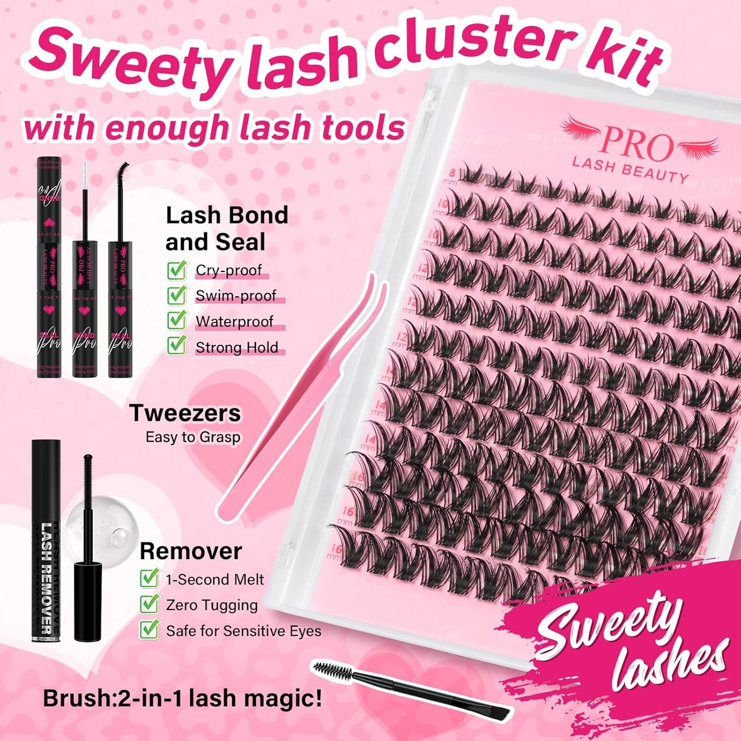 PRO LASHBEAUTY Manga Lash Clusters Kit with Lash Bond and Seal Eyelash Applictor Lash Remover DIY Lash Extension Kit for Beginner Waterproof Resuable Eyelash Extensions at Home (Sweety,8-16mix)