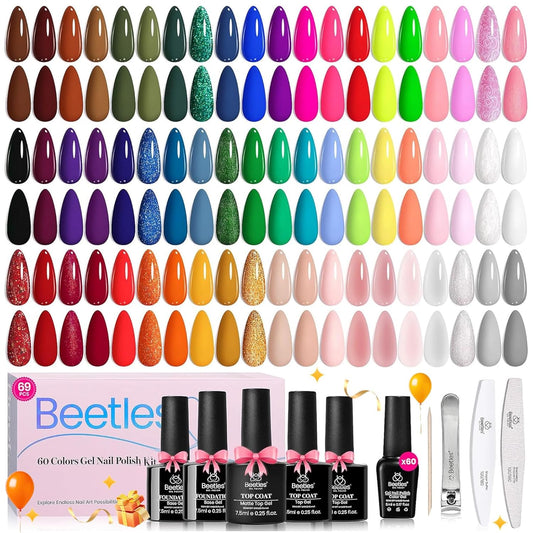 Beetles Gel Nail Polish Set 60 Colors Fall Uv Gel Polish Kit Jelly Brown Glitter Nude Pink White Red Blue Green Color Nail Polish Base &Glossy Matte Top Coat Gift for Her Women | alldaygood beauty