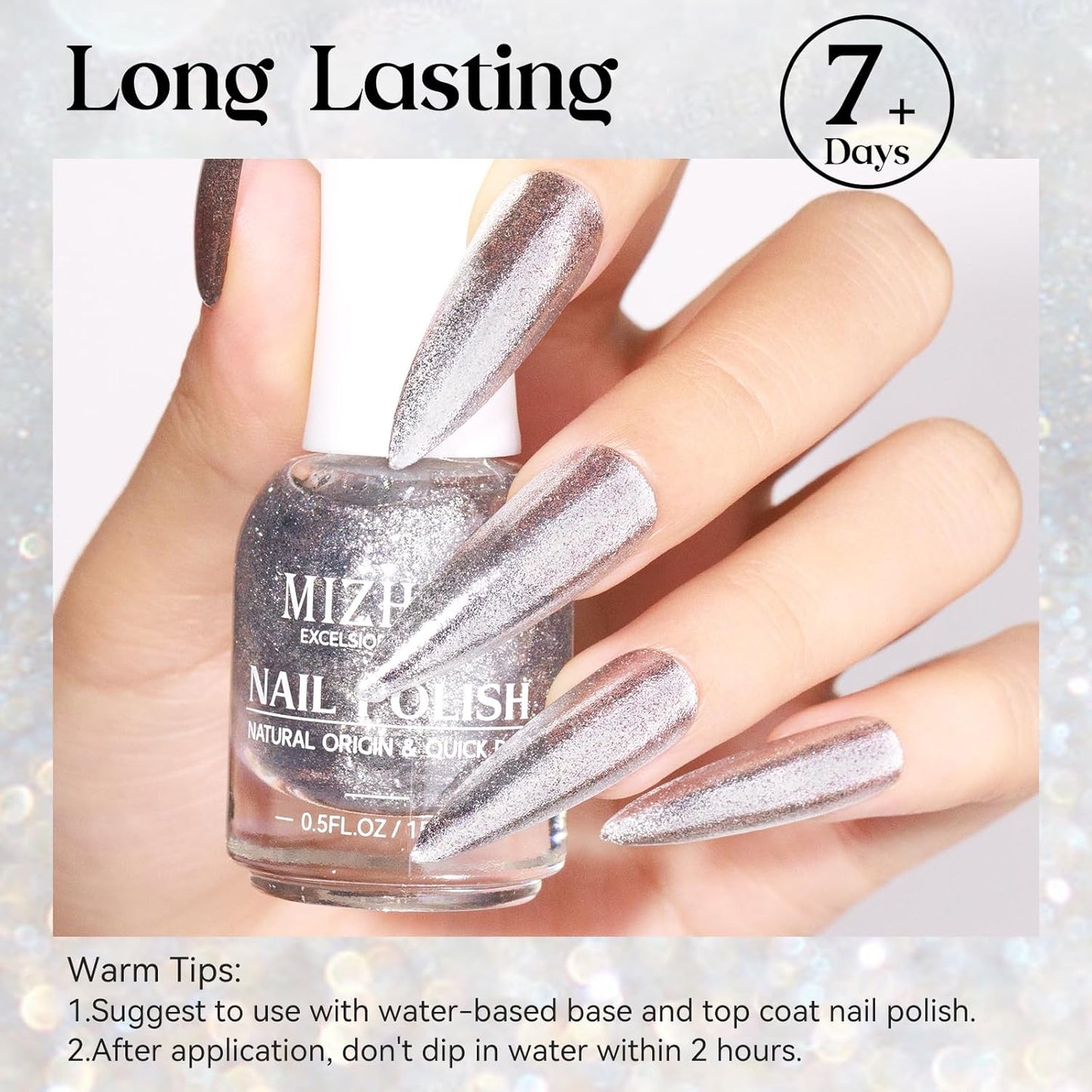 MIZHSE Quick Dry Glitter Nail Polish, Silver Nail Polish Air Dry Fast, 15ml 0.5 fl oz High Glossy Sparkle Shiny Shimmery Chrome Nail Pigment Nail Art Salon Manicure Home