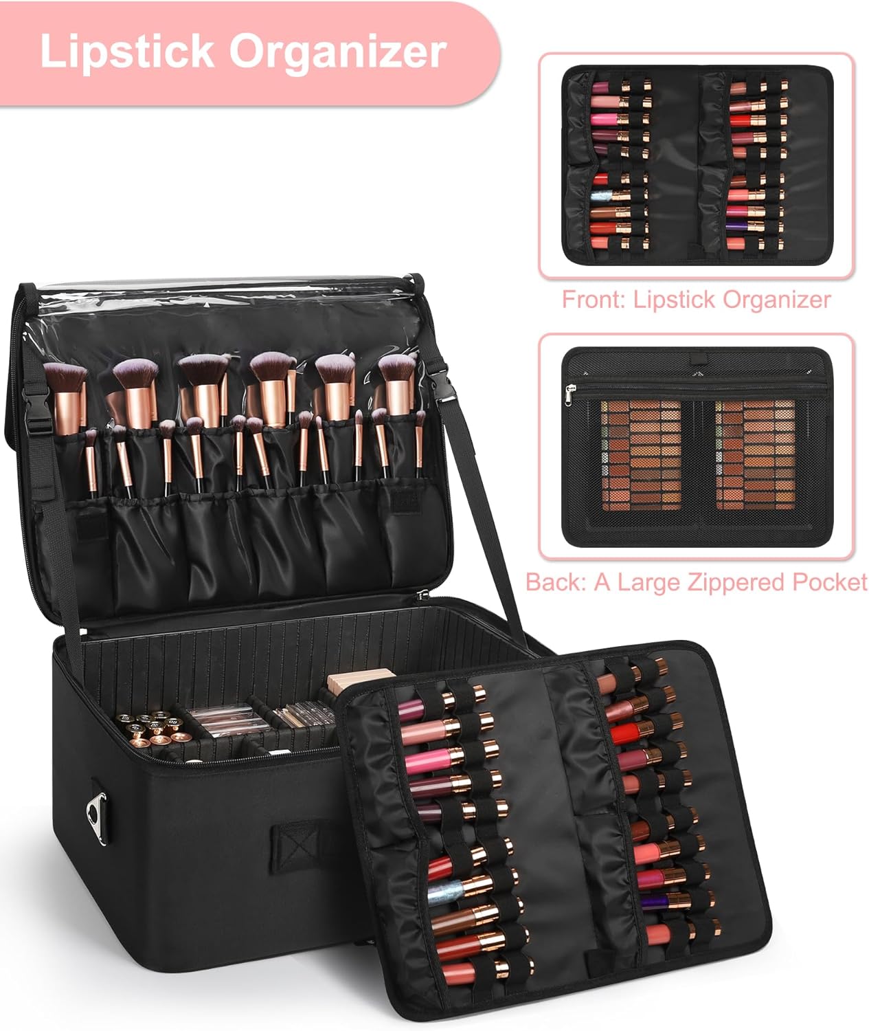 Relavel Extra Large Makeup Case Professional Cosmetic Storage Organizer Box Brush Holder with 8 Clear Set Bags & Lipstick Plate for Makeup Artists with Shoulder Strap & Adjustable Dividers