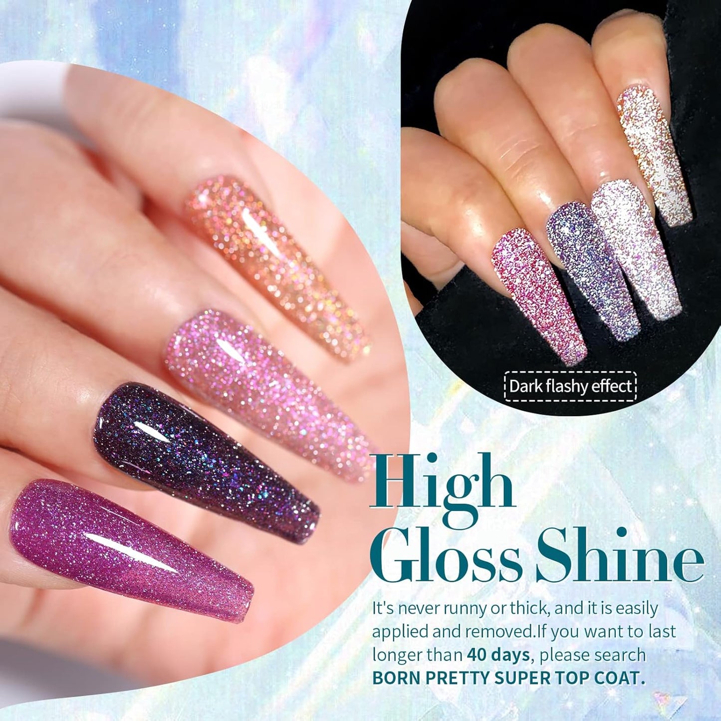 Born Pretty Reflective Glitter Gel Nail Polish Shimmer Sequins Sparkly Shiny Disco DJ Glitter Sequins Nail Polish 6PCS 7ML