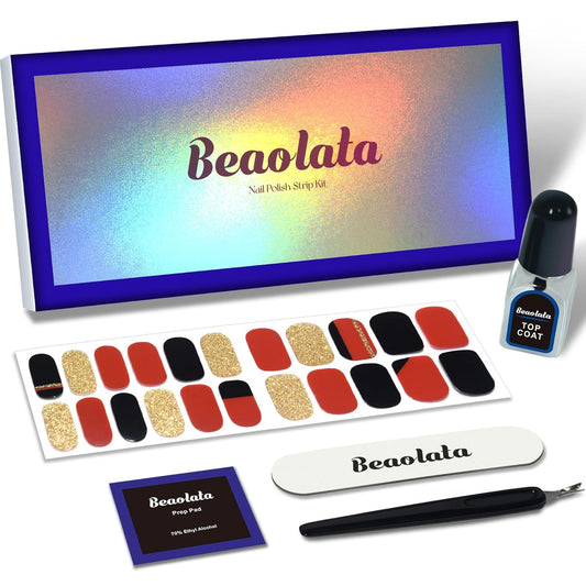 Nail Polish Strips, 44PCS Salon Quality Wraps with Top Coat, Long Lasting Gel Nail Stickers for Women Easy Apply& Remove (Upside Red&Black&Gold) | alldaygood beauty