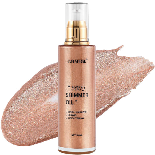Shimmer Body Oil, Long Lasting Moisturizing Body Glow Glitter for Women Face Luminizer Highlighter Makeup 100ml Shimmer Oil for Glowing Skin Lotion (Medium Rose Gold) | alldaygood beauty