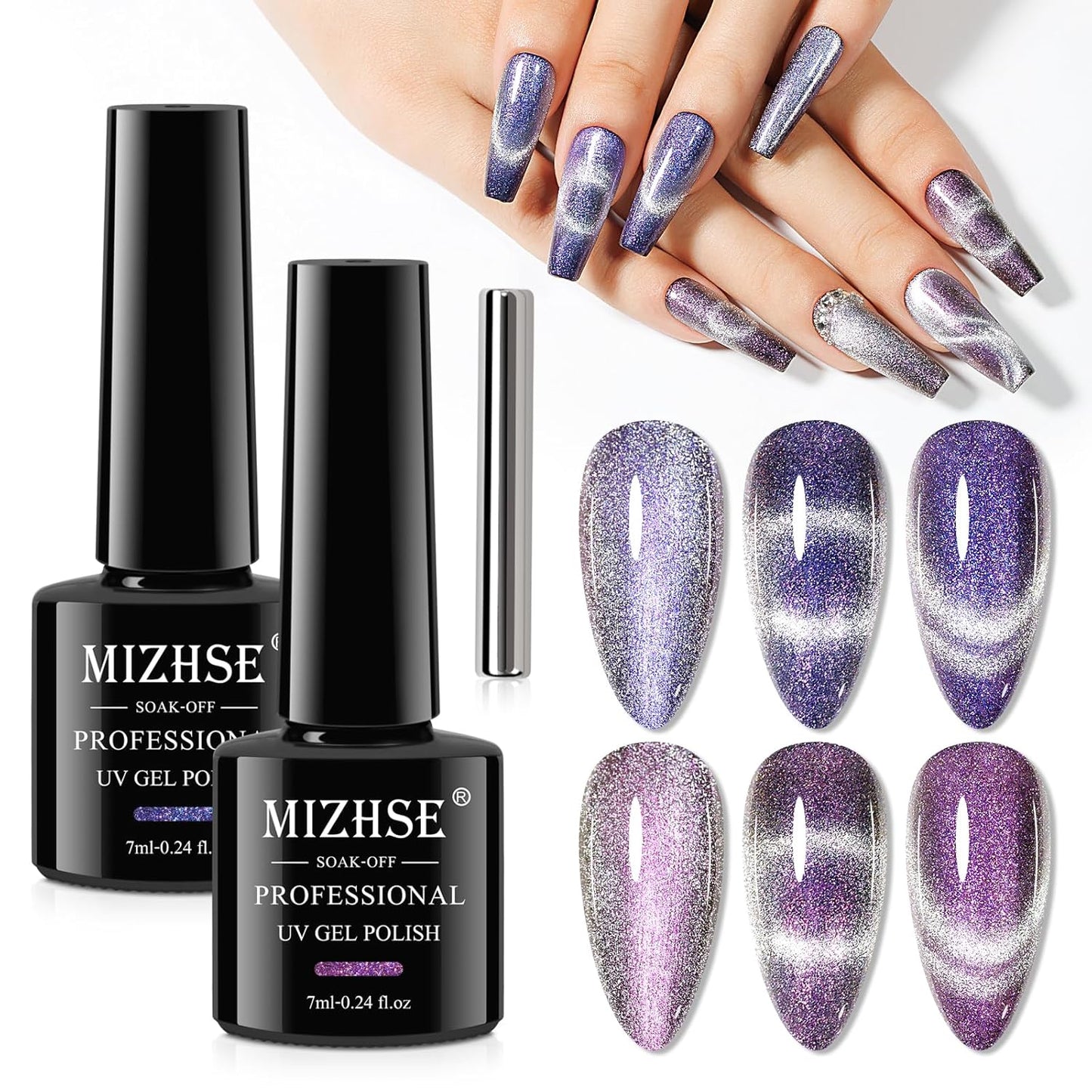 MIZHSE Aurora Cat Eye Gel Nail Polish, 2 Colors Magnetic Gel Polish with Magnet, Holographic Shimmery Shiny Effect Soak Off Nail Art Manicure Home