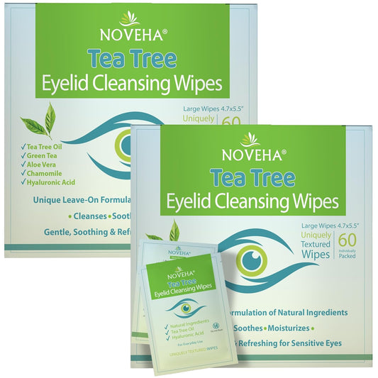 NOVEHA 120Pcs Tea Tree Oil Eyelid & Lash Wipes With Hyaluronic Acid, Green Tea & Chamomile For Blepharitis & Itchy Eyes, Individually Wrapped Eyelash Wipes, Natural Makeup Remover & Cleanser (2 Pack) | alldaygood beauty