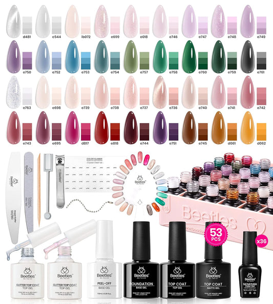 Beetles Jelly Gel Nail Polish Set, 53PCS 36 Colors Jelly Pink Milky White Red Black Blue Green Silver Cat Eye Base Glitter Glossy Matte Top Coat Crystal Ice Collection French Nails Gift for Women | alldaygood beauty