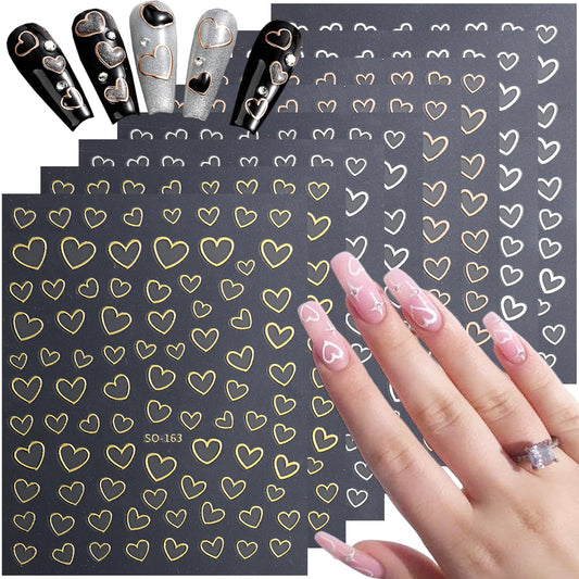 Valentines Day Nail Decals - 8 Sheets 3D Metallic Heart Charms Gold Silver Nail Art Stickers for Women DIY Manicure