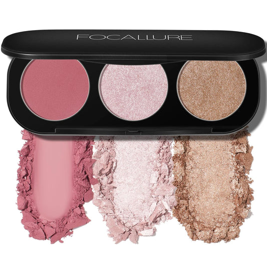 FOCALLURE Blush and Highlighter Palette,3 in 1 Makeup Powder, Cruelty-Free Matte, Shimmer Illuminator for a Glowing Look,#03 | alldaygood beauty