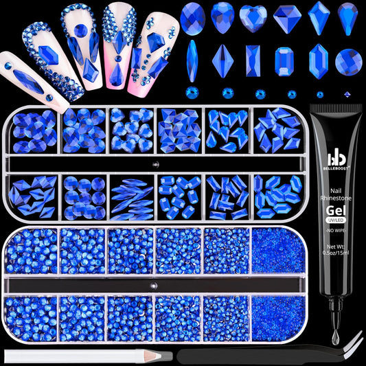 Royal Blue Glass Nail Rhinestones - 2680 Pcs Multi Shapes Flatback Gems + 2560 Pcs 1.5-4mm Round Crystal with Rhinestones Glue Gel for Nail Art